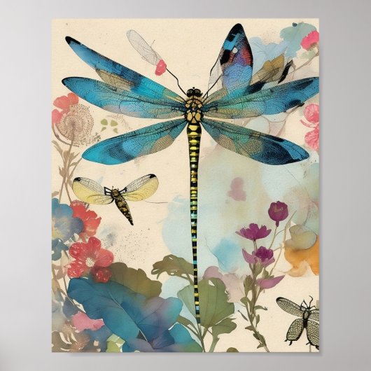 Dragonfly Mixed Media Collage Ephemera Decoupage Poster (Voorkant)
