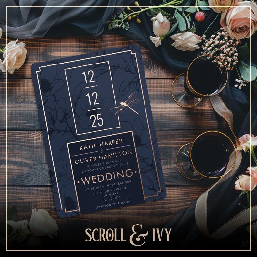 Dragonfly & Modern Blue Floral Folie Uitnodiging