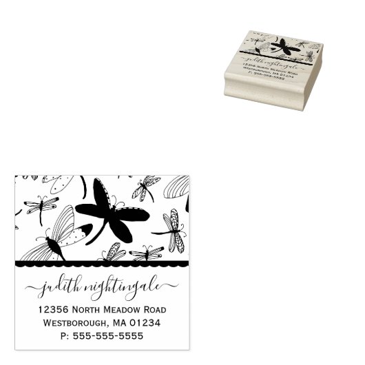 Dragonfly monogram retouradres rubberstempel (Gestempeld)