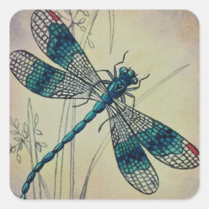 Dragonfly No. 2 en Grass Waterverf Art Vierkante Sticker