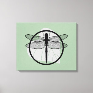 Dragonfly on Leaf Drawing - Wildlife Circle Series Canvas Afdruk