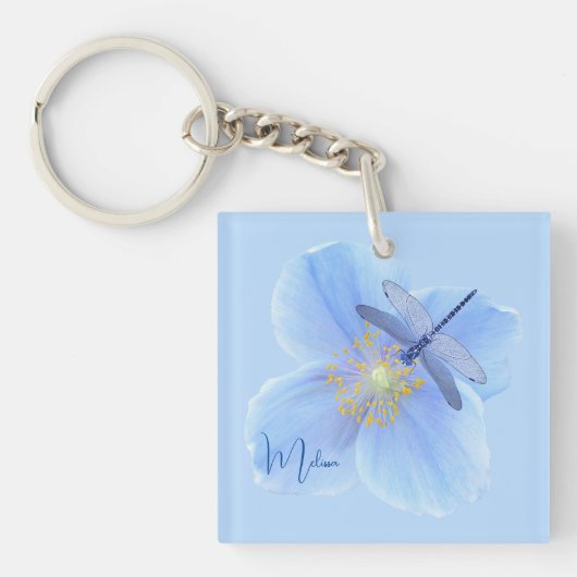 Dragonfly op Blue Poppy Sleutelhanger Keyring (voorkant)
