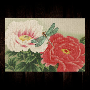 Dragonfly op  botanische japanse pioenen legpuzzel