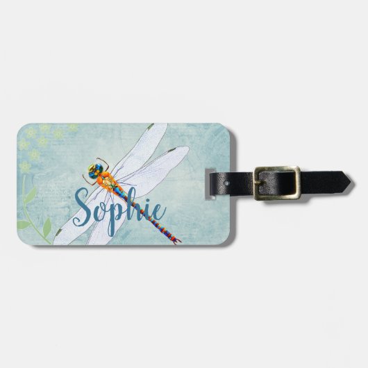  dragonfly op de voorzige Floral achtergrond Bagagelabel (Voorkant horizontaal)