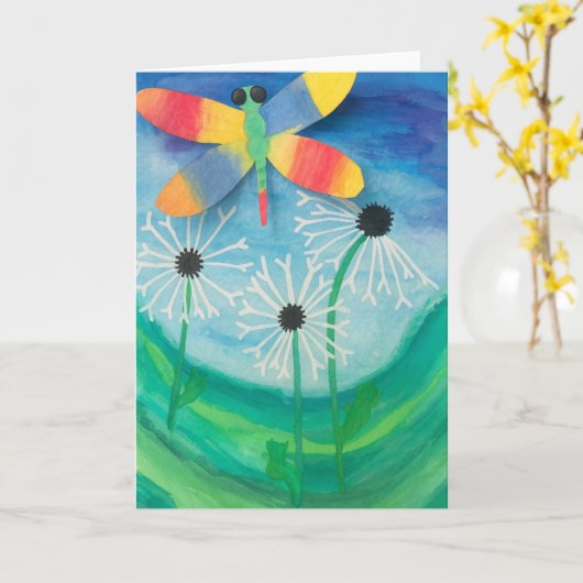 Dragonfly & Paardebloem Waterverf Blank Kaart (Gele Bloem)