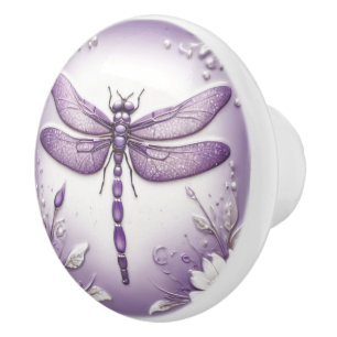 Dragonfly Paarse en witte bloemen kunst Keramische Knop