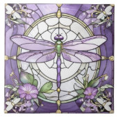 Dragonfly Paarse en witte Glazen in lood bloem Tegeltje (Voorkant)