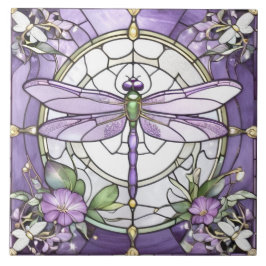 Dragonfly Paarse en witte Glazen in lood bloem Tegeltje