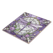 Dragonfly Paarse en witte Glazen in lood bloem Tegeltje (Zijkant)