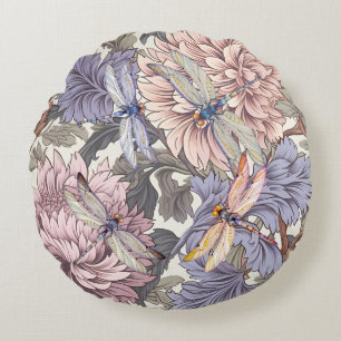 Dragonfly Peony Roze Licht Paarse Franse Bloemen Rond Kussen
