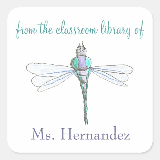 Dragonfly personalized teacher bookplate vierkante sticker (Voorkant)