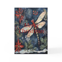 Dragonfly Poinsettia Berries Blue Christmas Kaart