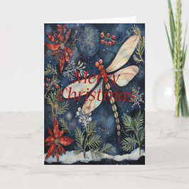 Dragonfly Poinsettia Berries Blue Christmas Kaart