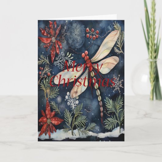 Dragonfly Poinsettia Berries Blue Christmas Kaart (Voorkant)