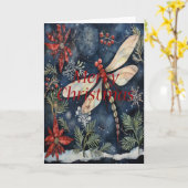 Dragonfly Poinsettia Berries Blue Christmas Kaart (Gele Bloem)