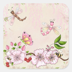 Dragonfly roze kersenbloesem verhaal illustratie vierkante sticker