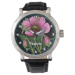 Dragonfly roze papaverbloemen horloge