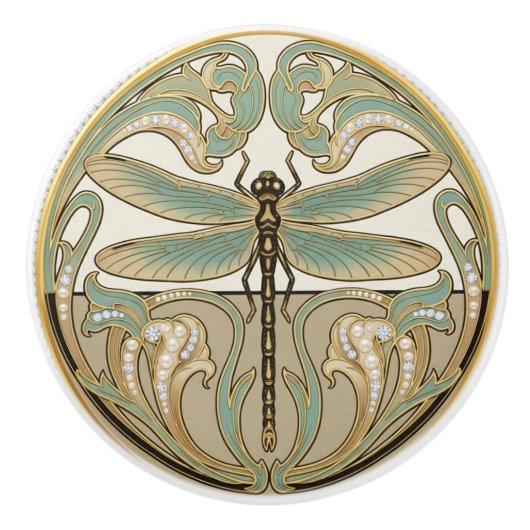 Dragonfly Sage Green & Gold Art Deco Nouveau Keramische Knop (Voorkant)
