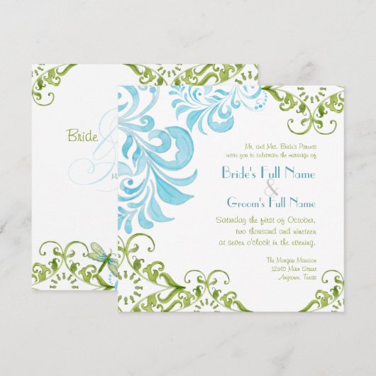 Dragonfly Swirls Scroll Chic Modern Floral Invite Kaart (Voorkant / Achterkant)