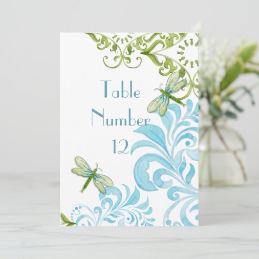 Dragonfly Swirls Scroll Modern Floral Table Number Kaart (Staand voorkant)
