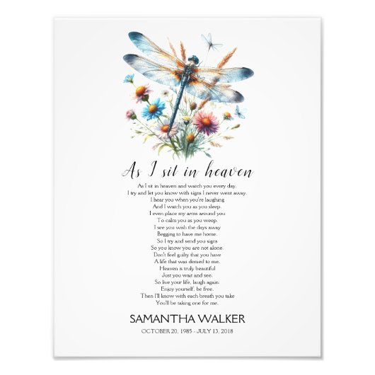 Dragonfly terwijl ik zit in Hemels Memorial Gedich Foto Afdruk (Voorkant)