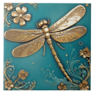 Dragonfly Turquoise Blauwgroen & Faux Gold Faux Re Tegeltje