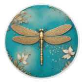 Dragonfly Turquoise Blauwgroen & Goud Faux Relief Keramische Knop (Voorkant)