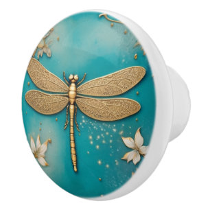 Dragonfly Turquoise Blauwgroen & Goud Faux Relief  Keramische Knop