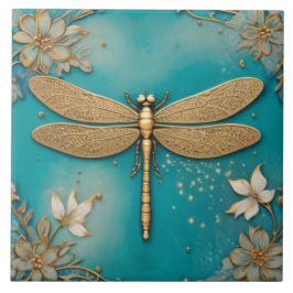 Dragonfly Turquoise Blauwgroen & Goud Faux Relief  Tegeltje