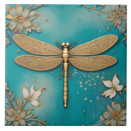 Dragonfly Turquoise Blauwgroen & Goud Faux Relief  Tegeltje (Voorkant)