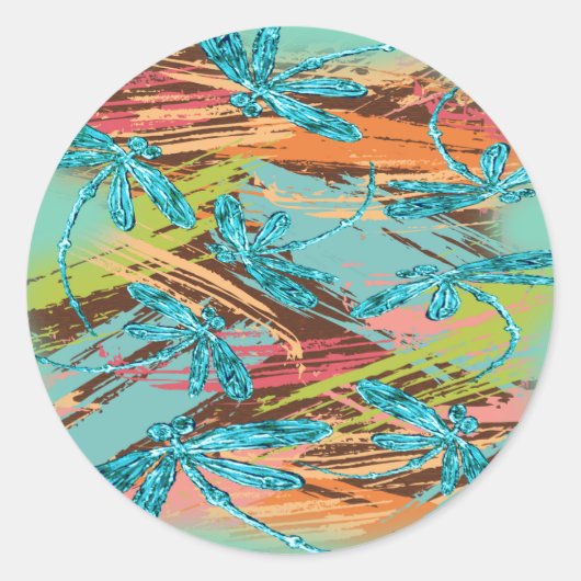 Dragonfly Turquoise Splash Ronde Sticker (Voorkant)