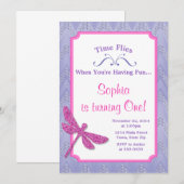 Dragonfly Verjaardag Uitnodiging Pink Glitter Girl (Voorkant / Achterkant)