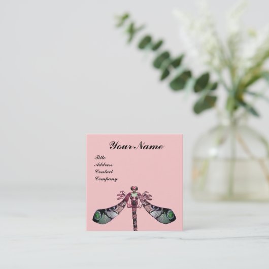 DRAGONFLY VROUW JEWEL, groen, zwart roze Vierkante Visitekaartje (Staand voorkant)