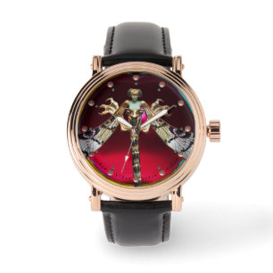 DRAGONFLY VROUW MET ROZE EDELSTENEN Rode Bourgogne Horloge