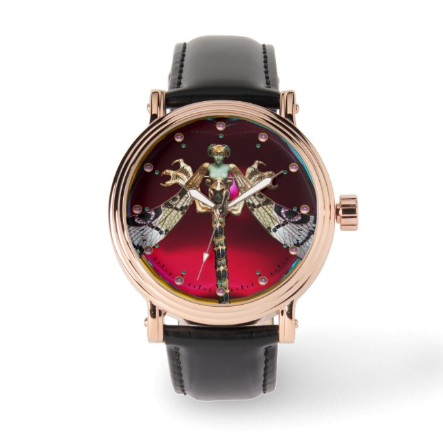 DRAGONFLY VROUW MET ROZE EDELSTENEN Rode Bourgogne Horloge (Voorkant)
