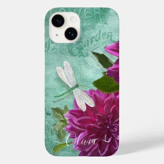 Dragonfly w Paars Dinner Bord Dahlia Flowers Case-Mate iPhone Case (Achterkant)