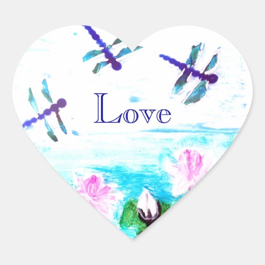 Dragonfly, waterlily Pond Love Hart Sticker (Voorkant)