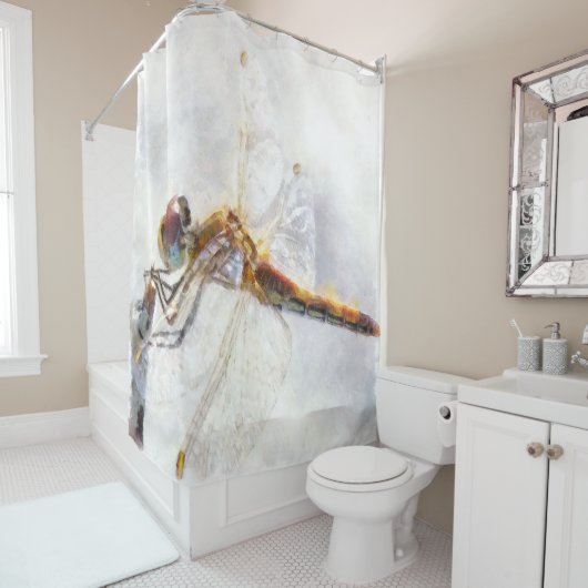 Dragonfly Waterverf Pastel White Achtergrond Douchegordijn (In situ)