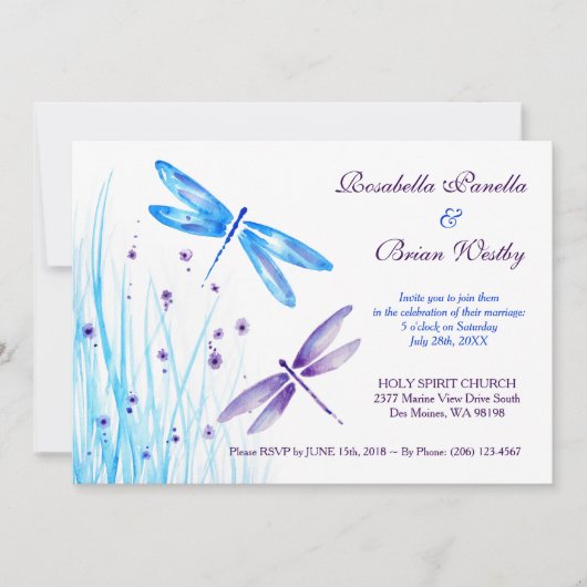 Dragonfly Wedding Invitations - Blauwe Waterverf Kaart (Voorkant)