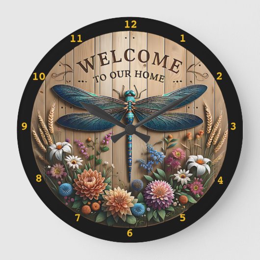 Dragonfly Welkom Bloemen Home Muur Grote Klok (Voorkant)