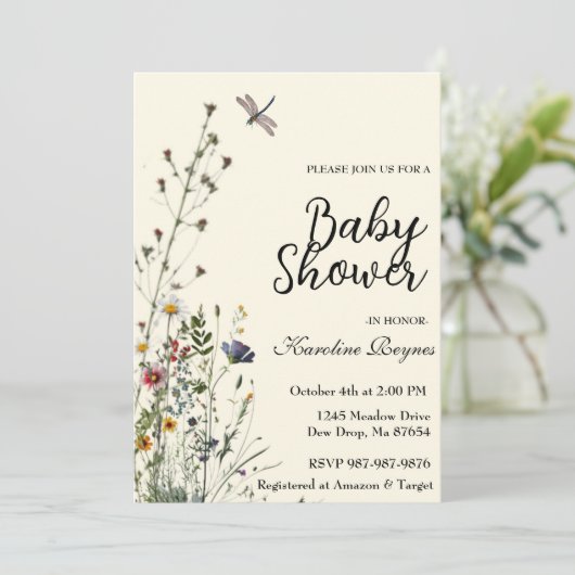 Dragonfly Wildflower Boho Baby shower Kaart (Staand voorkant)
