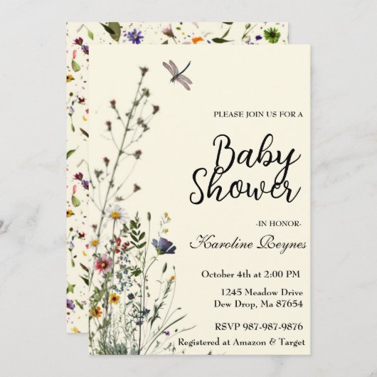 Dragonfly Wildflower Boho Baby shower Kaart (Voorkant / Achterkant)