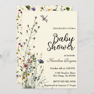 Dragonfly Wildflower Boho Baby shower Kaart