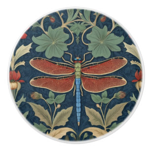 Dragonfly William Morris stijl Blauw & Rood Bloeme Keramische Knop