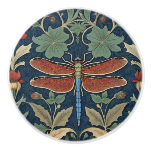 Dragonfly William Morris stijl Blauw & Rood Bloeme Keramische Knop (Voorkant)