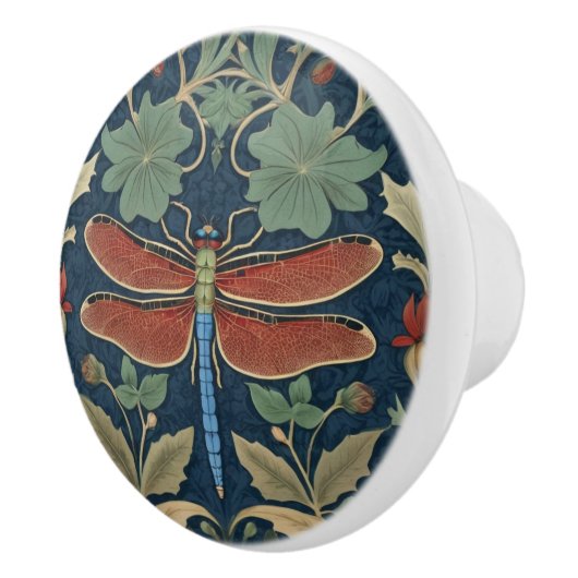 Dragonfly William Morris stijl Blauw & Rood Bloeme Keramische Knop (Rechts)