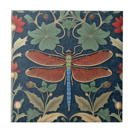 Dragonfly William Morris stijl Blauw & Rood Bloeme Tegeltje (Voorkant)