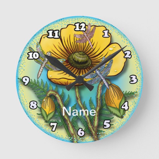 Dragonfly yellow Poppy Ronde Klok (Voorkant)