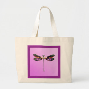 Dragonfly - zilver, goud, paars en zwart grote tote bag