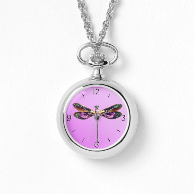 Dragonfly - zilver, goud, paars en zwart horloge (Voorkant)